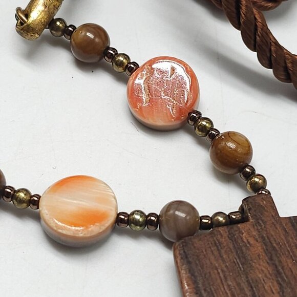Genuine Ebony Beaded Necklace Pendant Made In Japan 24 In Brown Abalone Inlay - Picture 5 of 7